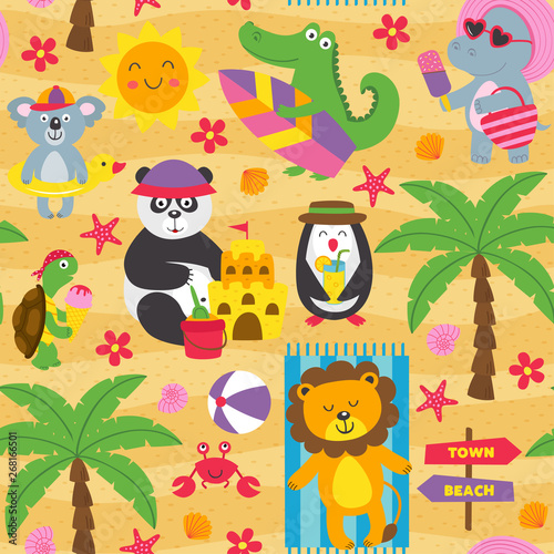 Fototapeta Naklejka Na Ścianę i Meble -  seamless pattern with animals on the beach - vector illustration, eps