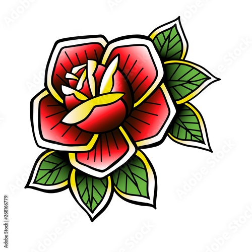 Old tattooing school colored icon with roses symbol isolated vector line art illustration. Oldschool tattoo sticker.