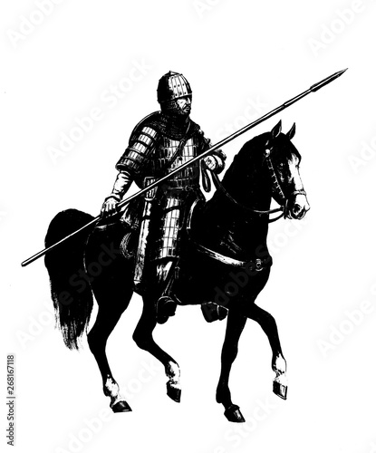 Mounted knight. Heavy armored magyar (hungarian) rider. Medieval cavalry illustration. Historical illustration. 