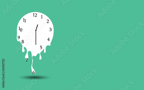 Melting clock flat design vector illustration on green background.