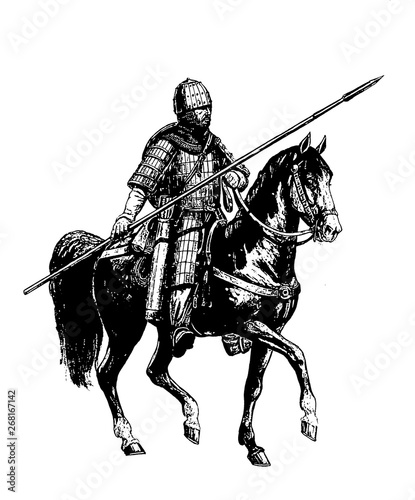 Mounted knight. Heavy armored magyar (hungarian) rider. Medieval cavalry illustration. Historical illustration.
