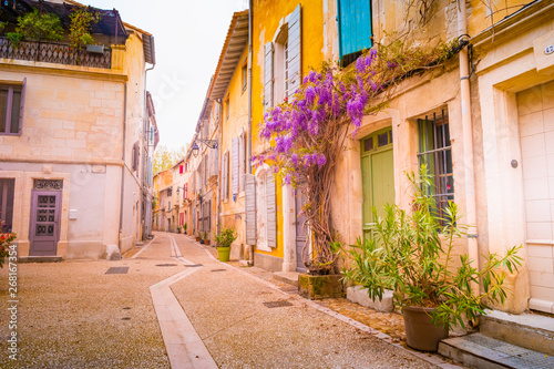 View of a narrow street in the historical center of Arles