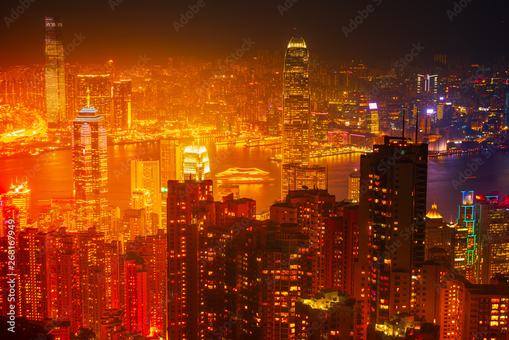 Famous view of Hong Kong - Hong Kong skyscrapers skyline cityscape view from Victoria Peak. Hong Kong, China