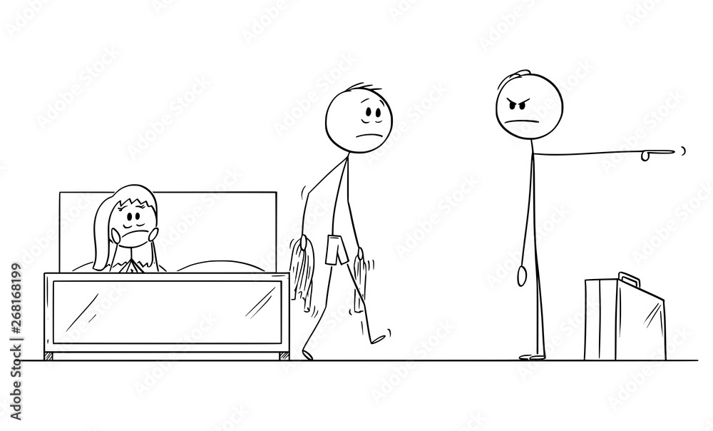 Vector cartoon stick figure drawing conceptual illustration of man or  husband returned home and found his wife with paramour having sex in bed.  Lover is leaving in shame. Concept of infidelity. Stock