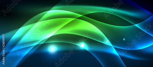 Glowing abstract wave on dark, shiny motion, magic space light. Techno abstract background