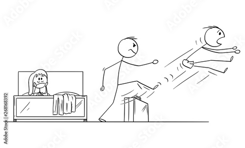 Vector cartoon stick figure drawing conceptual illustration of man or husband returned home and found his wife with paramour having sex in bed.Husband is kicking lover out. Concept of infidelity.