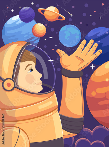 Cosmonaut in outer space with planets.
