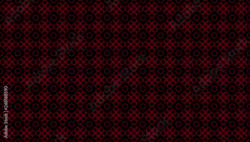 Abstract geometrical background with overlapping dark red octagonal linear and two-dimensional shapes over black background. Polygonal seamless pattern inspiration forming a symmetrical decor element.
