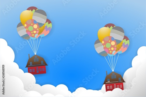 business concept paper house hanging with colorful balloon 