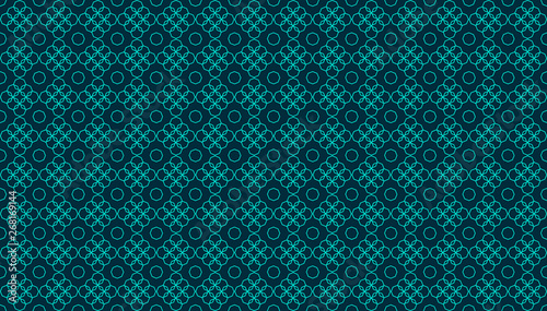 Abstract geometrical background with overlapping octagonal linear and two-dimensional shapes over a dark blue background. Polygonal seamless pattern inspiration forming a symmetrical decor element.