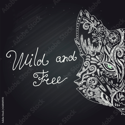 Wild beautiful fox head hand drawn in chalk on a black background. Fashion in a vector illustration