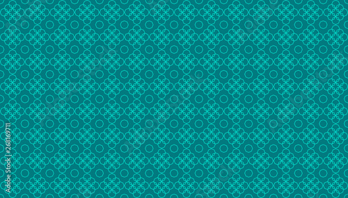 Abstract geometrical background with overlapping octagonal linear and two-dimensional shapes over teal blue background. Polygonal seamless pattern inspiration forming a symmetrical decor element.