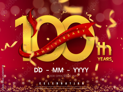 100 years anniversary logo template on gold background. 100th celebrating golden numbers with red ribbon vector and confetti isolated design elements