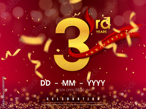 3 years anniversary logo template on gold background. 3rd celebrating golden numbers with red ribbon vector and confetti isolated design elements