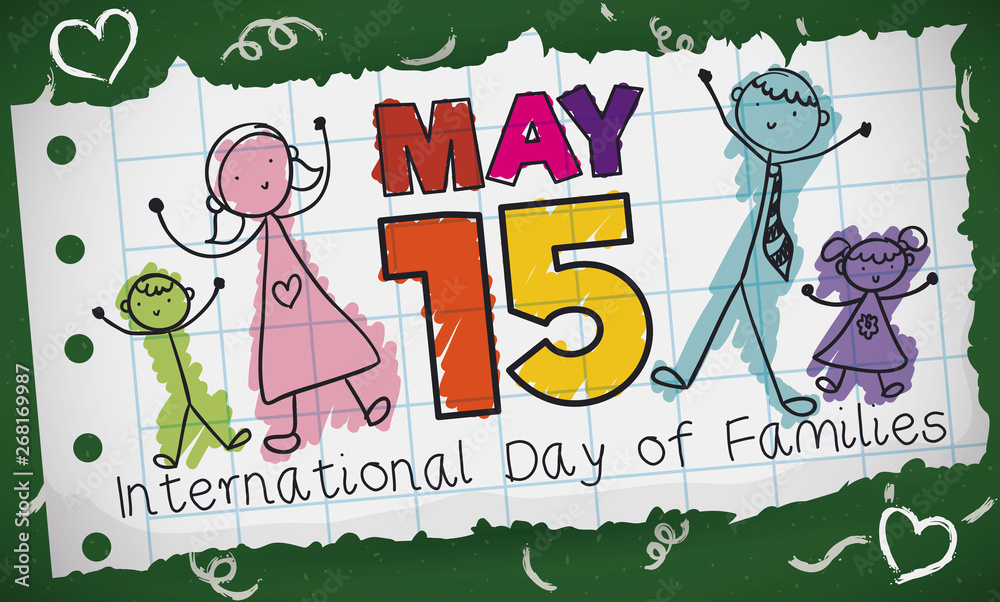 Fototapeta premium Family Drawing in Doodle Style to Celebrate Day of Families, Vector Illustration