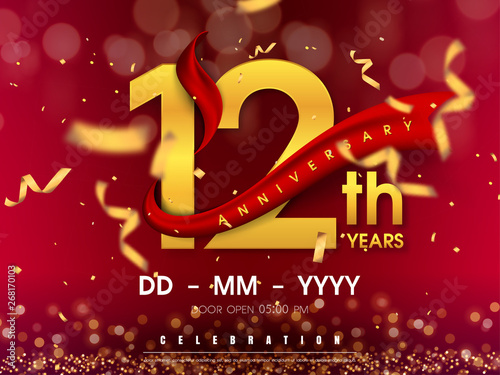 12 years anniversary logo template on gold background. 12th celebrating golden numbers with red ribbon vector and confetti isolated design elements
