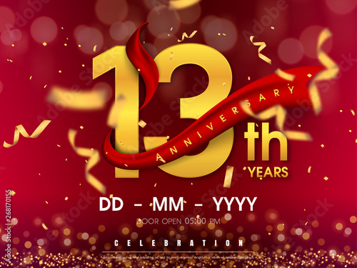 13 years anniversary logo template on gold background. 13th celebrating golden numbers with red ribbon vector and confetti isolated design elements