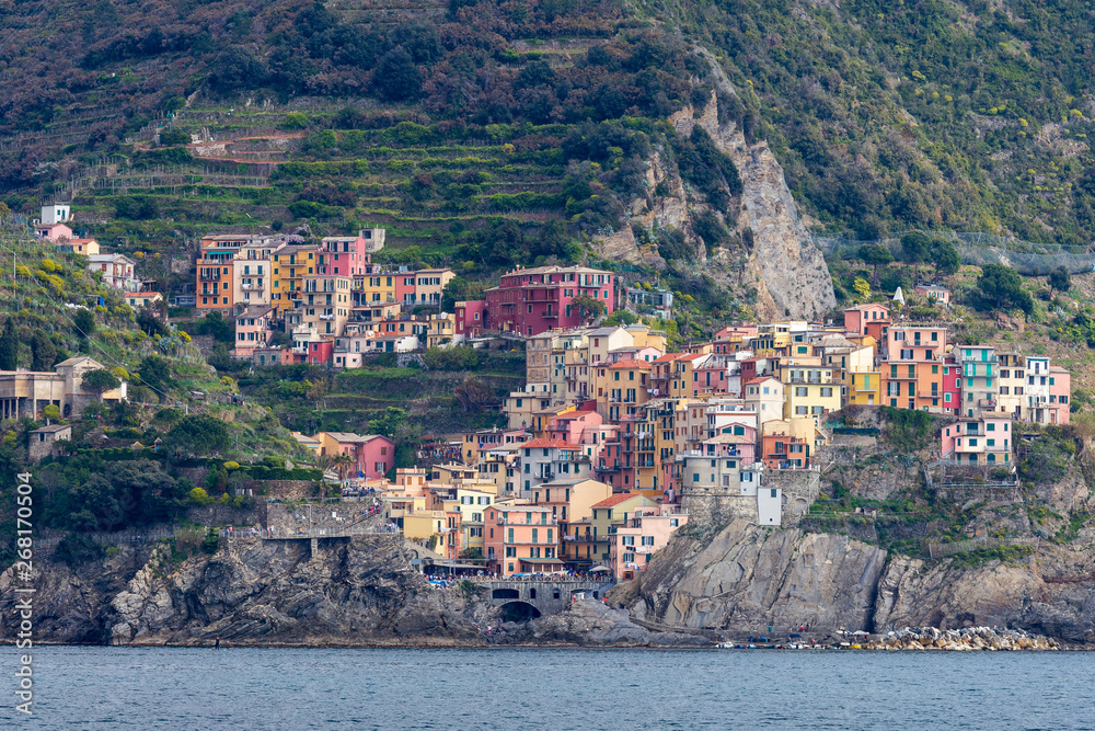 Cinqueterre, Italy . 04-19-2019. View of Riomaggiore village one of five villages of Cinqueterre. Liguria. Italy.	