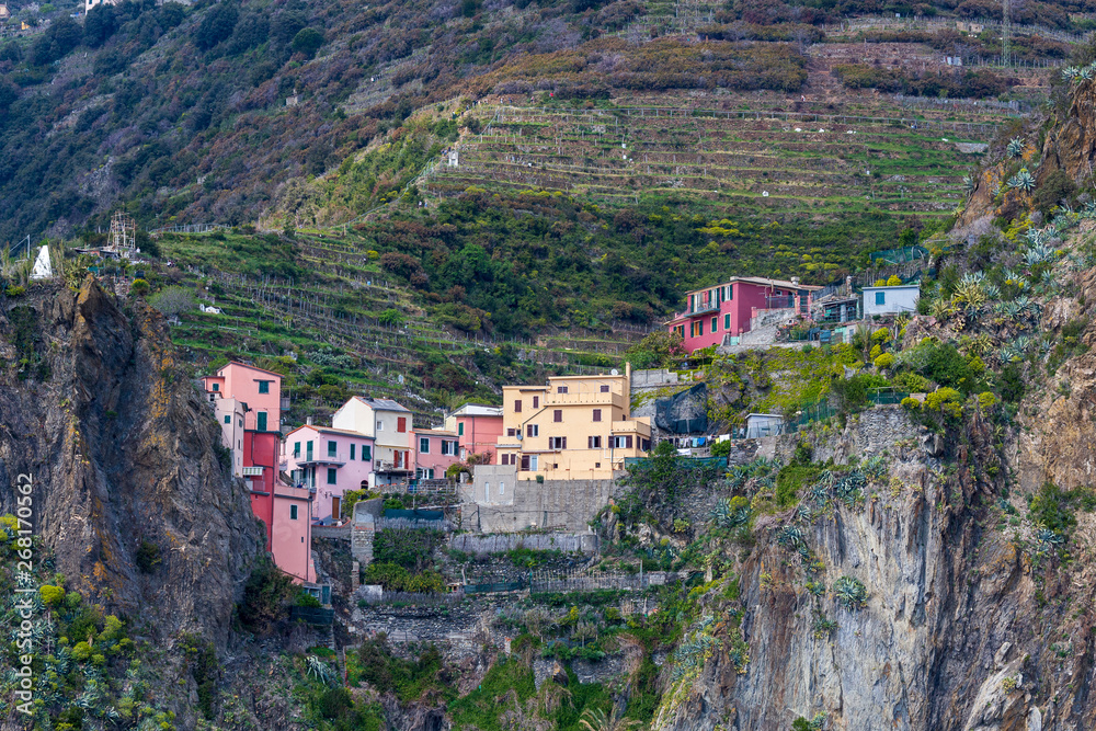 Cinqueterre, Italy . 04-19-2019. View of Riomaggiore village one of five villages of Cinqueterre. Liguria. Italy.	