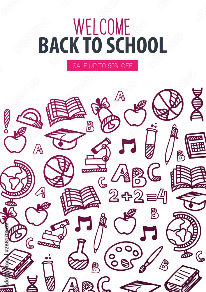 Back to School banner with hand draw doodle background. Vector illustration.