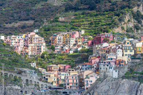 Cinqueterre, Italy . 04-19-2019. View of Riomaggiore village one of five villages of Cinqueterre. Liguria. Italy.  © jefwod