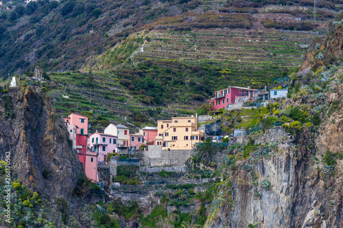 Cinqueterre, Italy . 04-19-2019. View of Riomaggiore village one of five villages of Cinqueterre. Liguria. Italy.  © jefwod