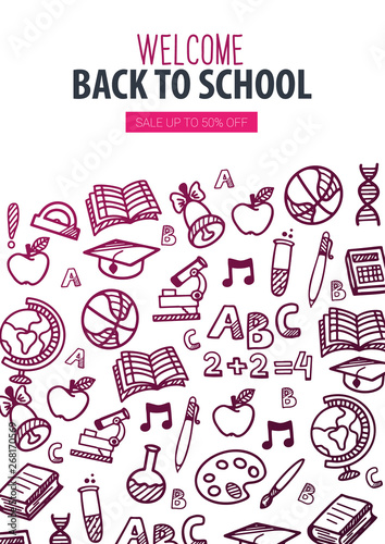 Back to School banner with hand draw doodle background. Vector illustration.
