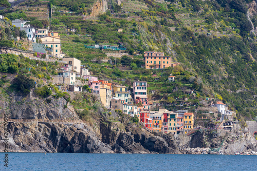 Cinqueterre, Italy . 04-19-2019. View of Riomaggiore village one of five villages of Cinqueterre. Liguria. Italy. 