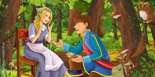 cartoon scene with happy young girl and boy prince and princess in the forest encountering pair of owls flying - illustration for children