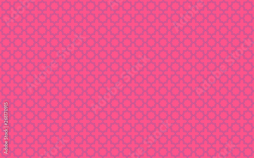 Star and cross tile-like design with blue accents on neon pink background inspired by Moroccan tile work known as zellige or mosaic, seamless pattern inspiration forming a symmetrical decor element