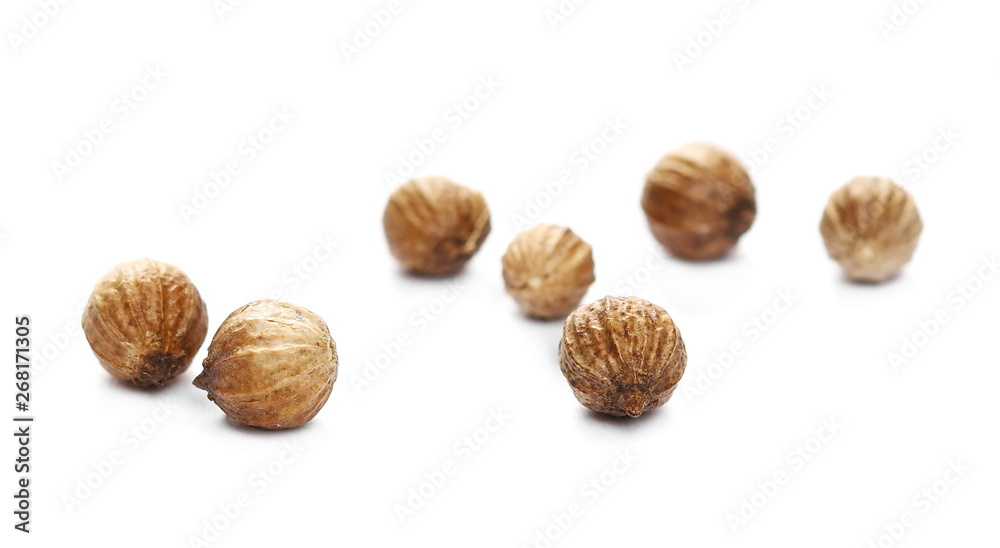 Coriander seeds macro isolated on white background, side view Coriander seeds macro isolated on white background, side view