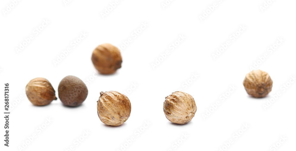 Coriander seeds macro isolated on white background, side view Coriander seeds macro isolated on white background, side view