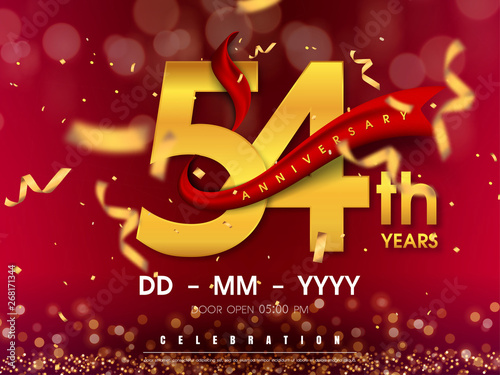 54 years anniversary logo template on gold background. 54th celebrating golden numbers with red ribbon vector and confetti isolated design elements