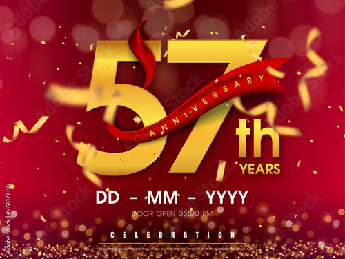 57 years anniversary logo template on gold background. 57th celebrating golden numbers with red ribbon vector and confetti isolated design elements