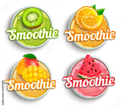 Set of kiwi, orange,mango,watermelon fresh smoothie logo. Healthy juicy vitamin drink for diet or vegan, homemade refreshing fruit beverage.Template for brand,label,emblem,store,packaging,advertising.