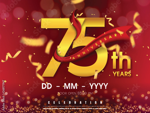 75 years anniversary logo template on gold background. 75th celebrating golden numbers with red ribbon vector and confetti isolated design elements