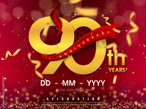 90 years anniversary logo template on gold background. 90th celebrating golden numbers with red ribbon vector and confetti isolated design elements