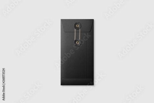 Black paper DL size String and Washer Envelope Mockup on light grey background. High resolution. photo