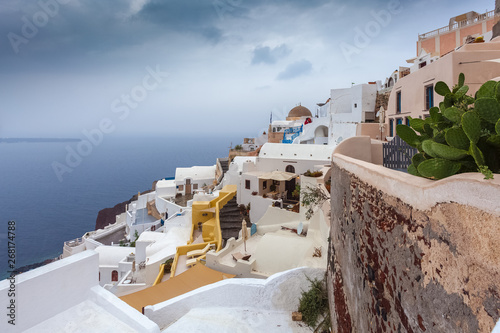 Small view of the fishermen's houses of Oia on rainy day