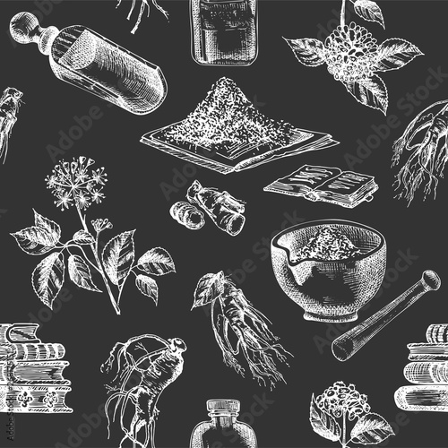 Seamless pattern hand drawn of ginseng roots, lives and flowers in chalk white color isolated on black board background. Retro vintage graphic design. botanical sketch drawing, engraving style