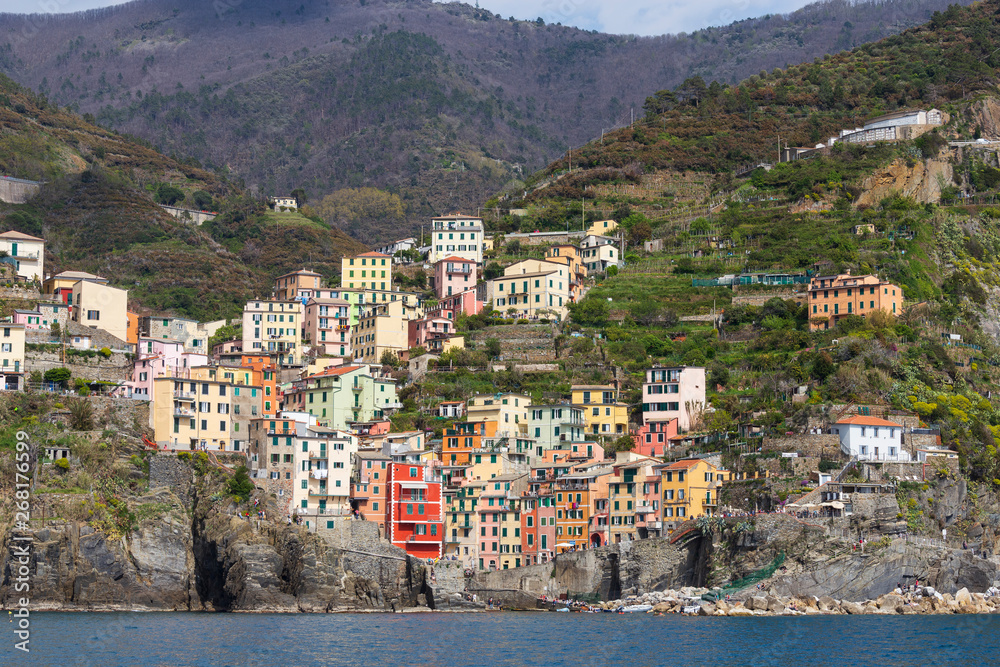 Cinqueterre, Italy . 04-19-2019. View of Riomaggiore village one of five villages of Cinqueterre. Liguria. Italy.