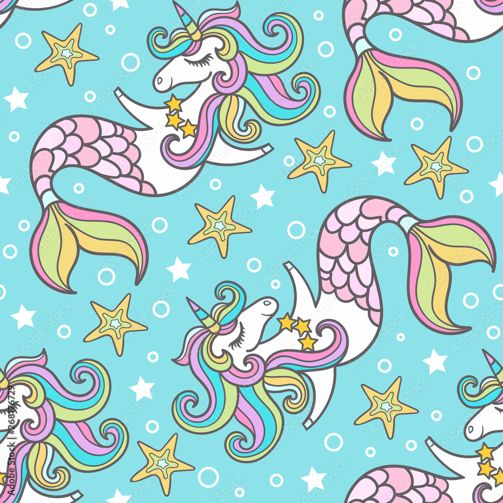 Seamless pattern. Cute seahorses unicorns. Marine theme