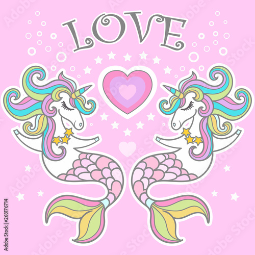 Love. Unicorn seahorse with heart vector illustration.Vector