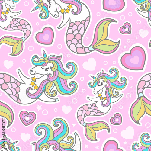 Seamless pattern. Cartoon seahorses, unicorns. Vector