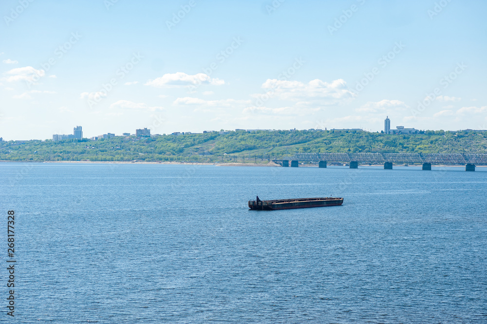 Barge on Volga river in Ulyanovsk, Russia Barge on Volga river in Ulyanovsk, Russia
