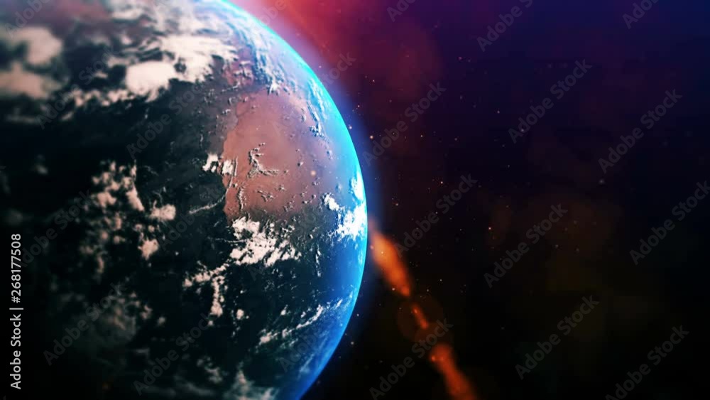Sunrise over planet Earth. Realistic globe with star dust in 4K 3D animation.
