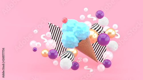 A blue ice cream surrounded by colorful balls on a pink background.-3d rendering.