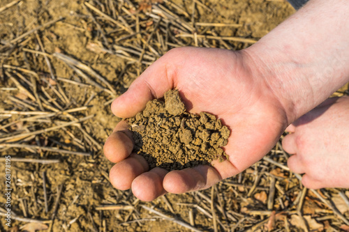 Man's hands holding soil in spring field. Close up