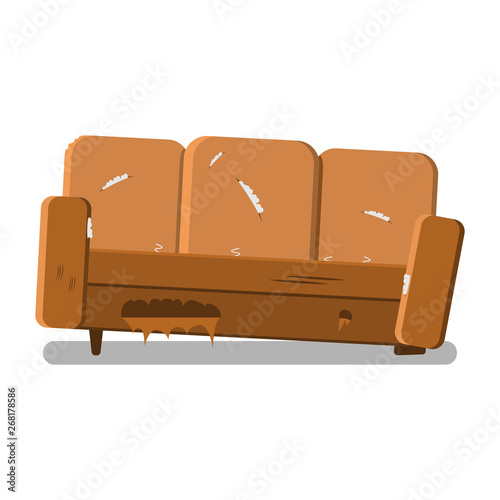 A very old ripped couch. An old broken brown sofa needs repair. Illustration in cartoon style.