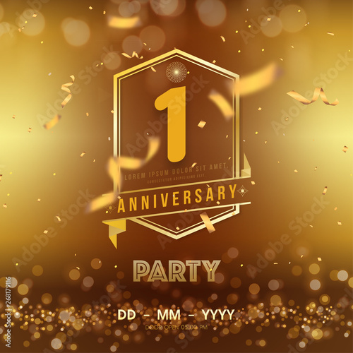 1 years anniversary logo template on gold background. 1st celebrating golden numbers with red ribbon vector and confetti isolated design elements